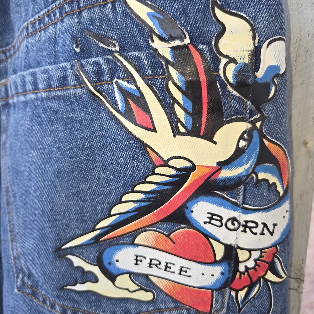 Ed Hardy Blue Jeans with Colorful Bird Graphic